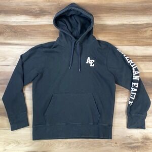 American Eagle Hoodie Men Medium Logo Graphic Sleeve Black Casual Pullover Sweat